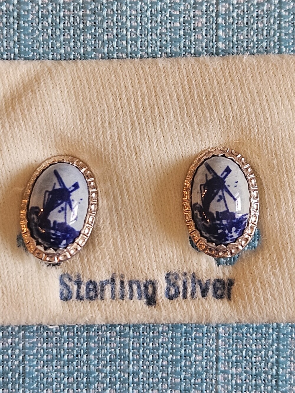 Vintage sterling Delft Clip earrings Dutch Holland  Amsterdam